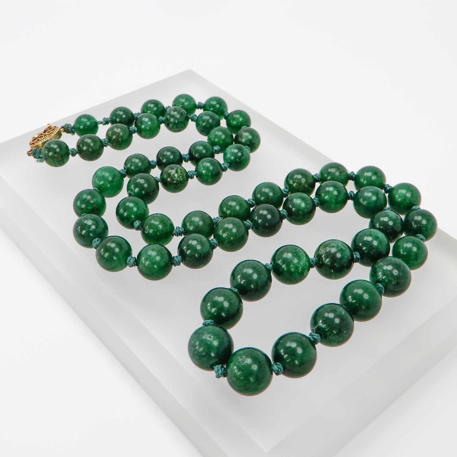Vintage Green Jade Knotted Graduated Bead Necklace 26” 925 Silver Filigree Clasp
