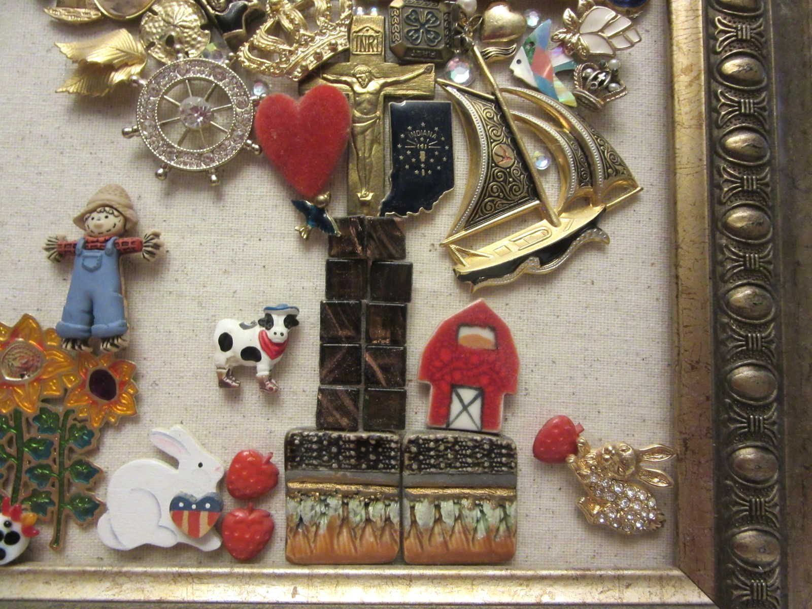 Vintage Jewelry Art Tree of Life Gold Tone Framed, All Different Costume Jewelry