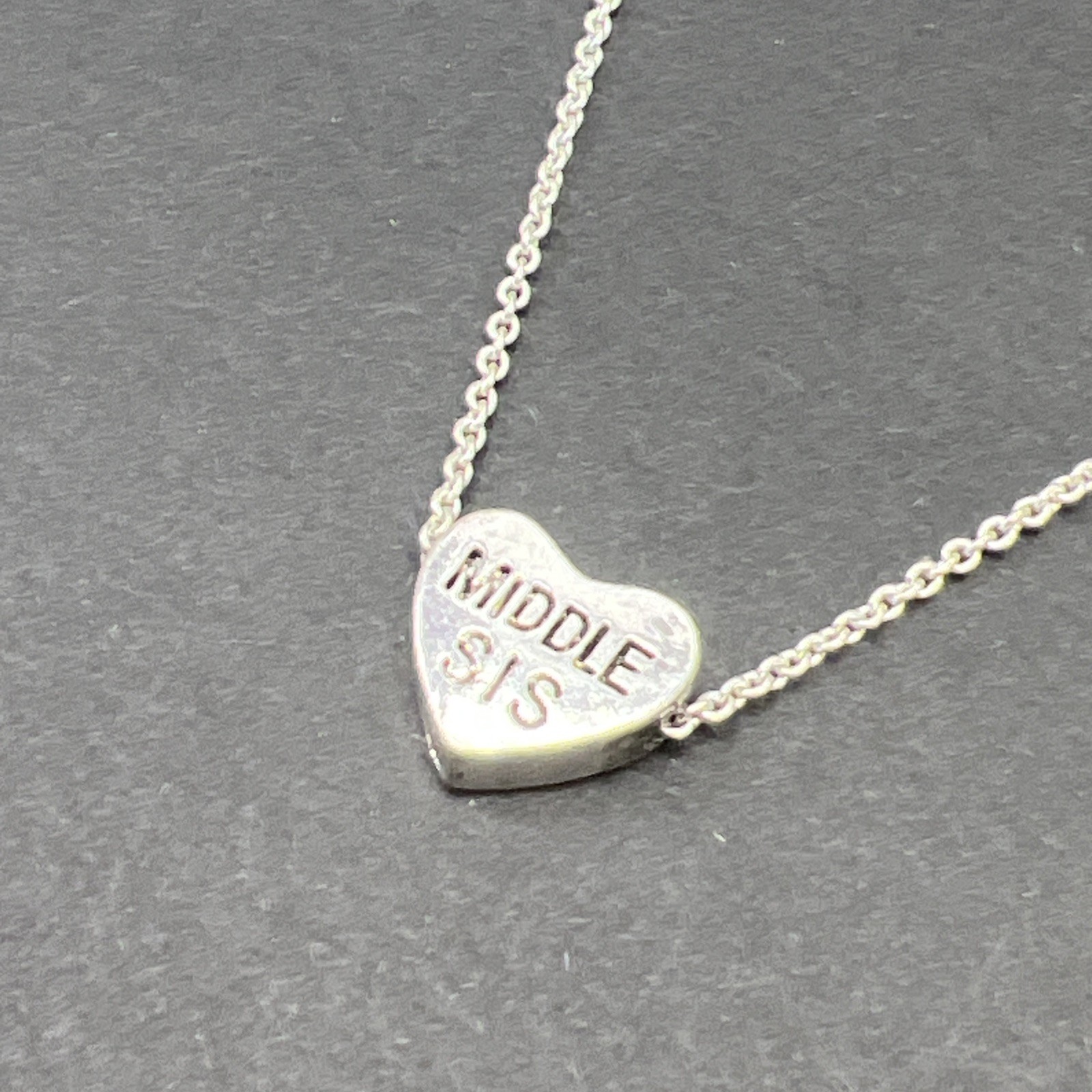 Claire’s MIDDLE SIS Sliding Heart Pendant Necklace Vintage Silver Tone 18”