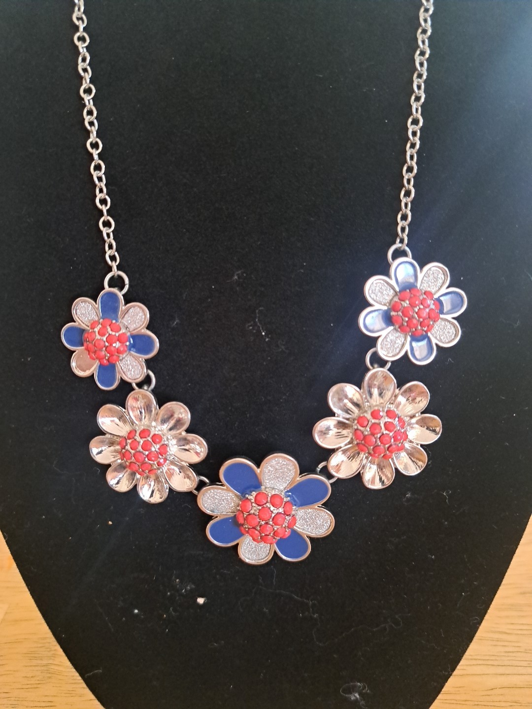 Silver Red & Blue Tones Floral Statement Necklace