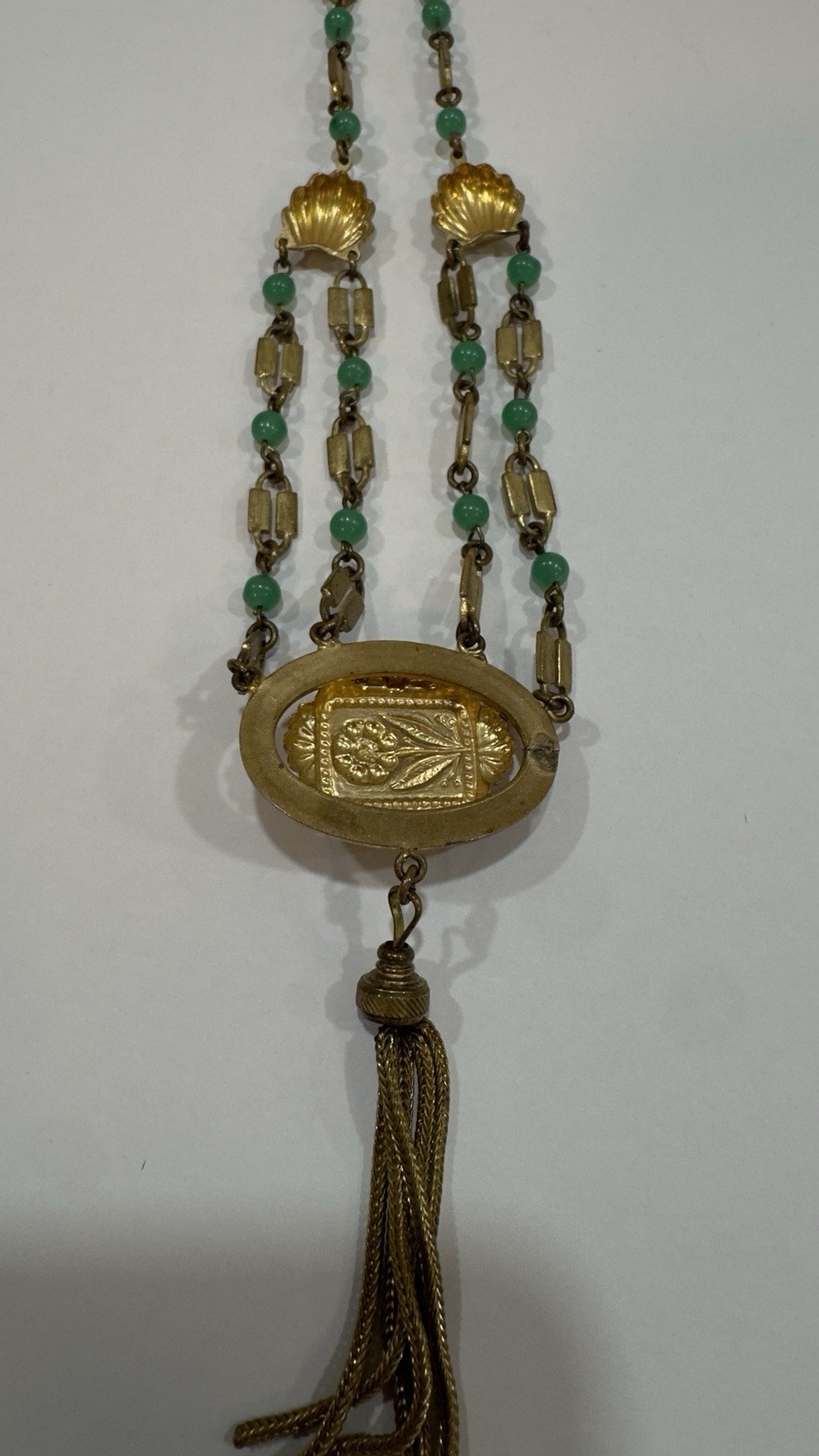 Antique Victorian Revival Green Chrysoprase Glass & Tassel Necklace Czech