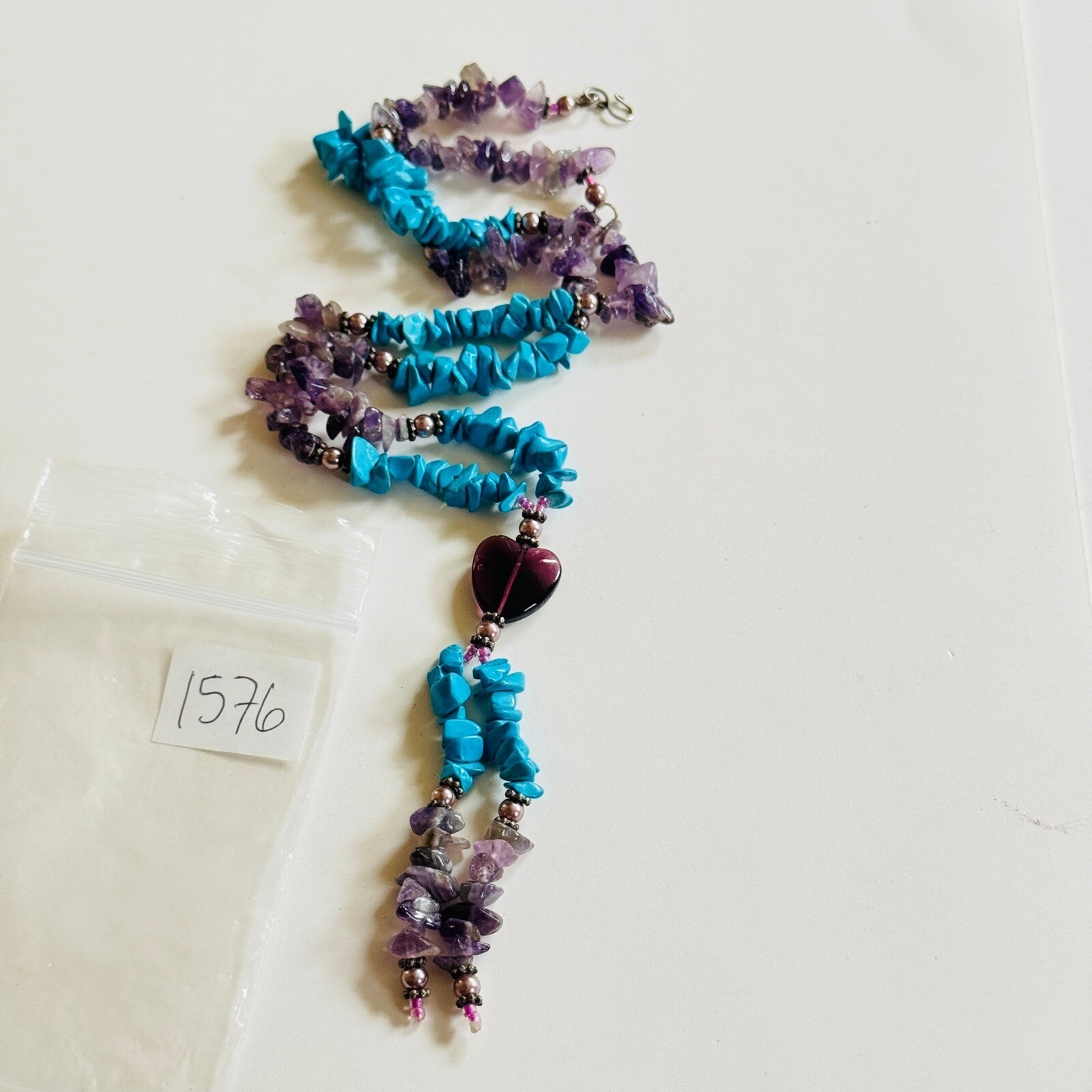 South Western Heart Boho Necklace VTG Blue Turquoise purple Amethyst Beads 21″