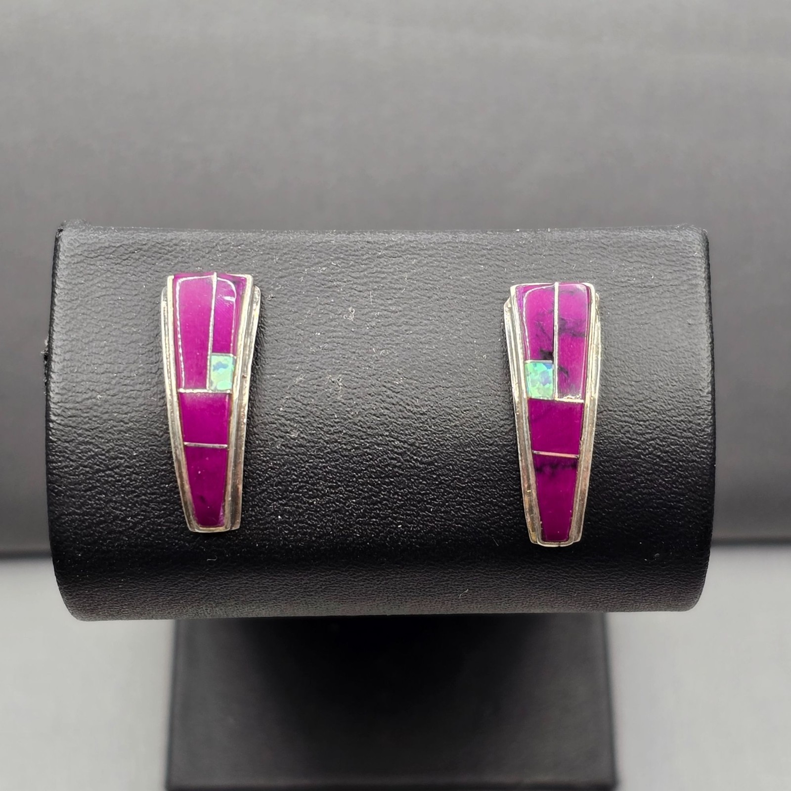 Vintage Sterling Silver Sugilite Opal Inlay Stud Earrings Tapered Statement