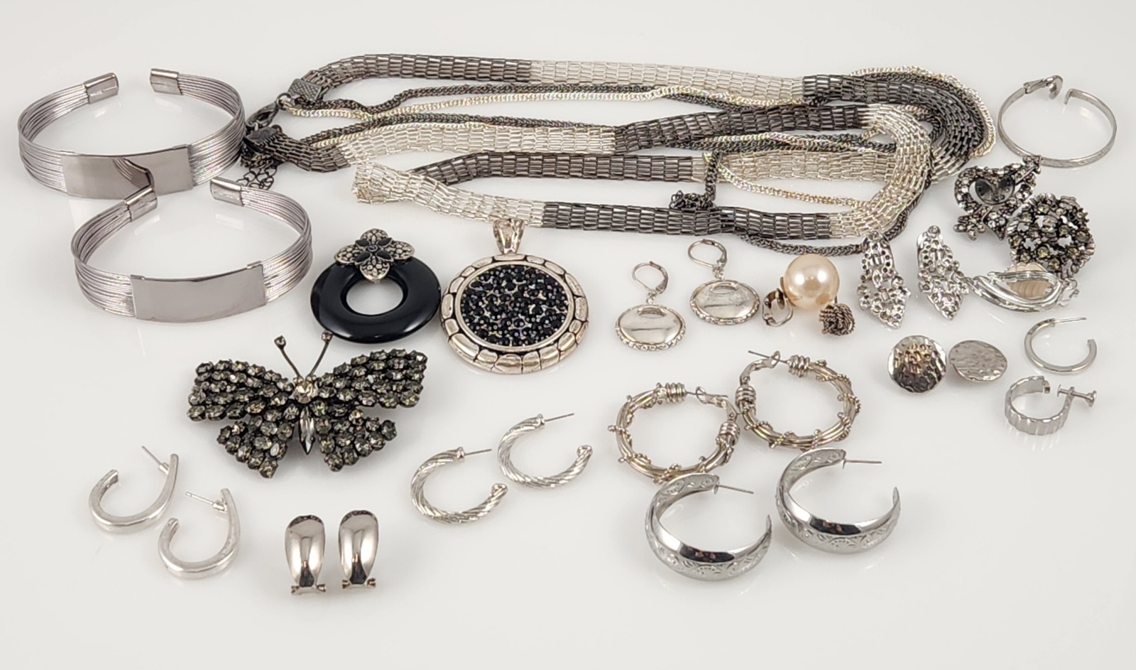 Vintage Silver Tone Jewelry lot butterfly brooch chain earrings bracelets crafts