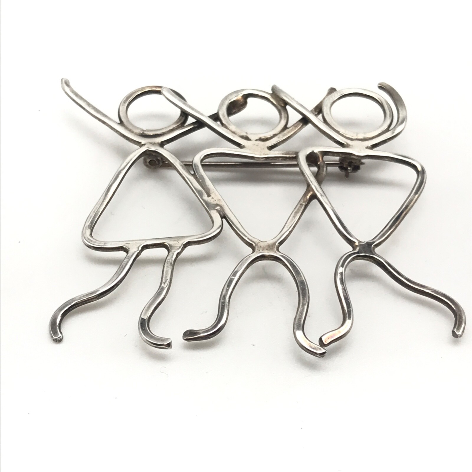 Vintage 925 Sterling Silver Modernist Three Person Stick People Brooch Pin