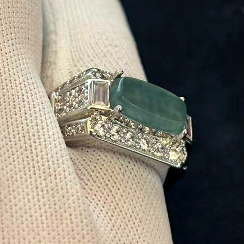 VTG Natural Translucent Green Jade Jadeite Ring Silver-tone, Size 7.5 adjustable