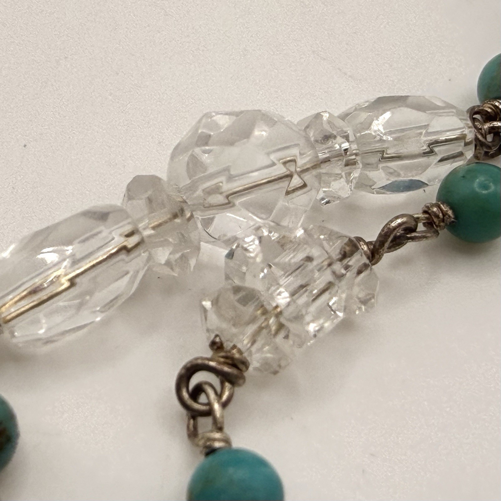 Vintage Sterling Turquoise Quartz Crystal Long Necklace 44” Artisan