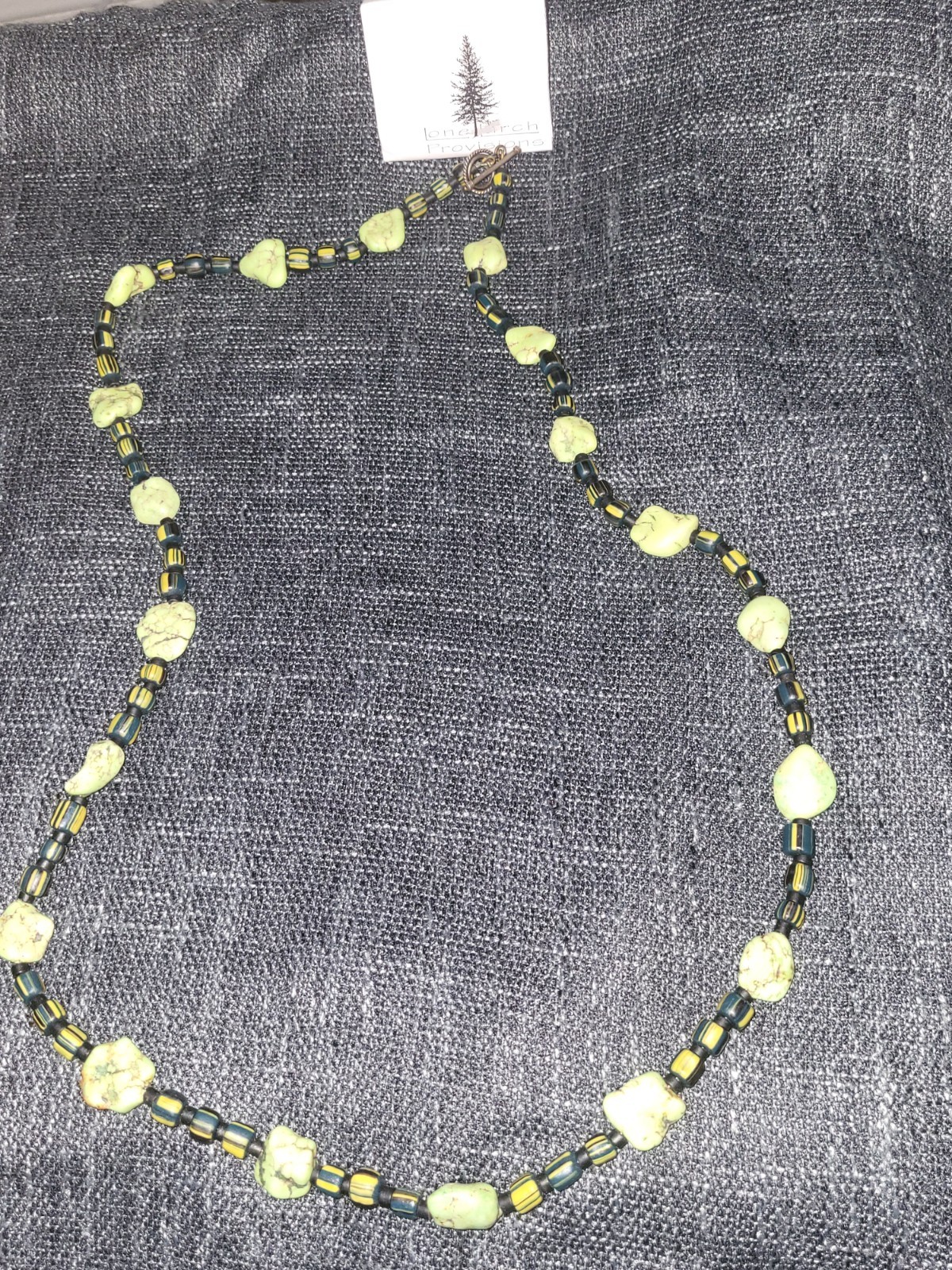 ​Vintage Global Folk Art Beaded Necklace, Green Stone & Striped Glass Beads