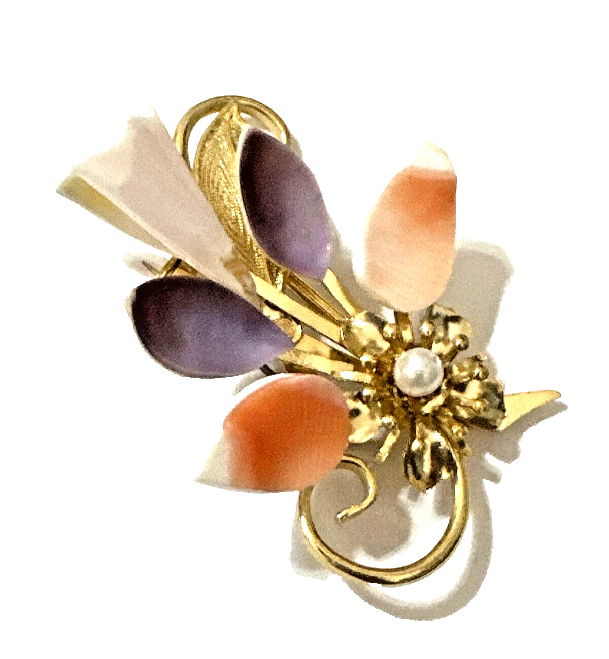 Vintage FLORAL Brooch Pink White Purple Shell Petals Gold Tone w/ Box 2″