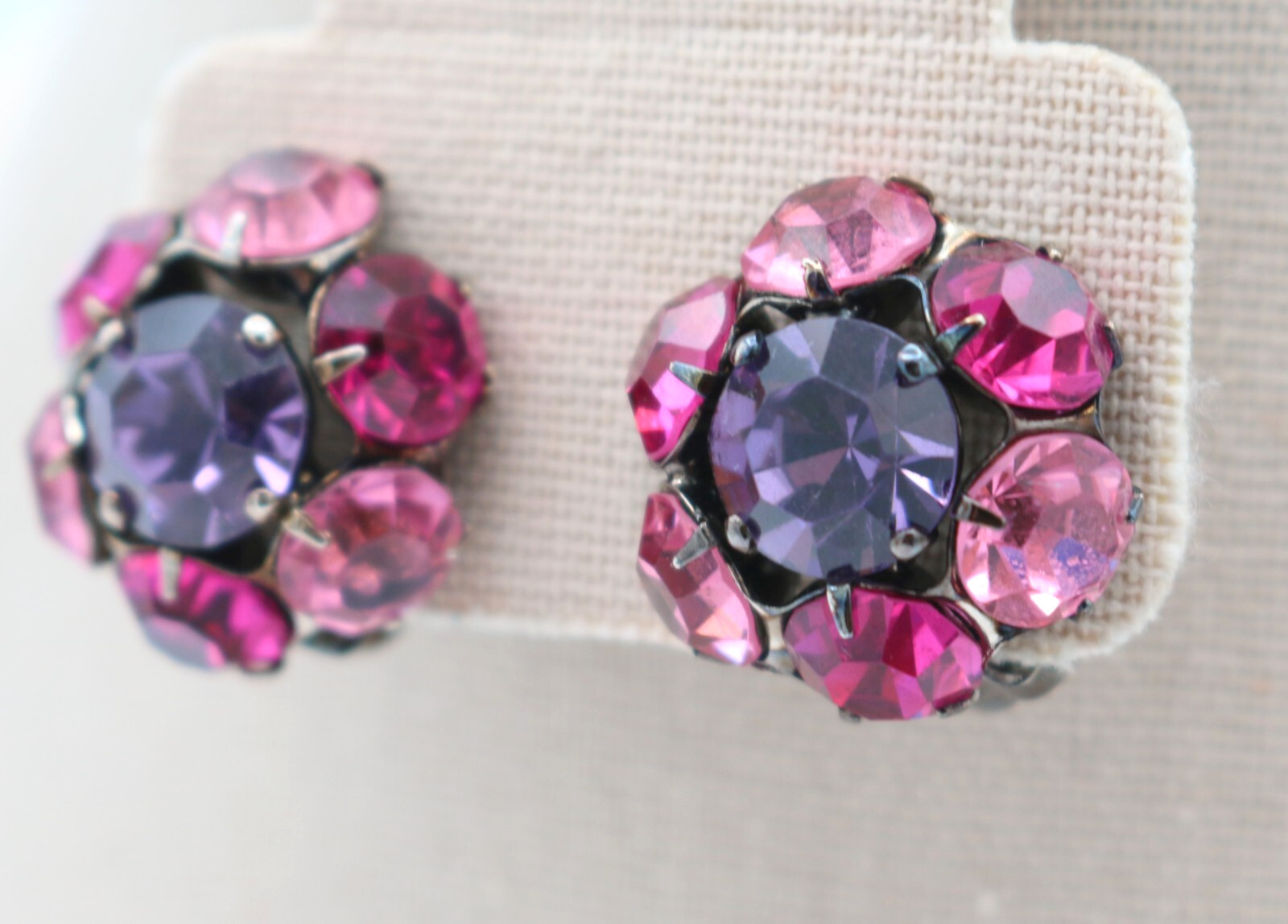 Lovely Vintage Pink & Purple Rhinestone Flower Shape Gunmetal Clip On Earrings