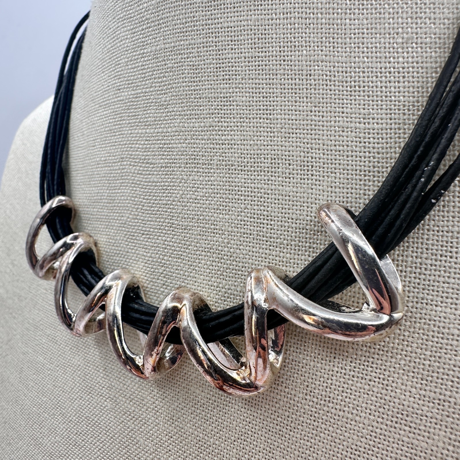 Vintage 90s Multi Strand Leather Cord Silver Tone Zig-Zag Necklace Jewelry