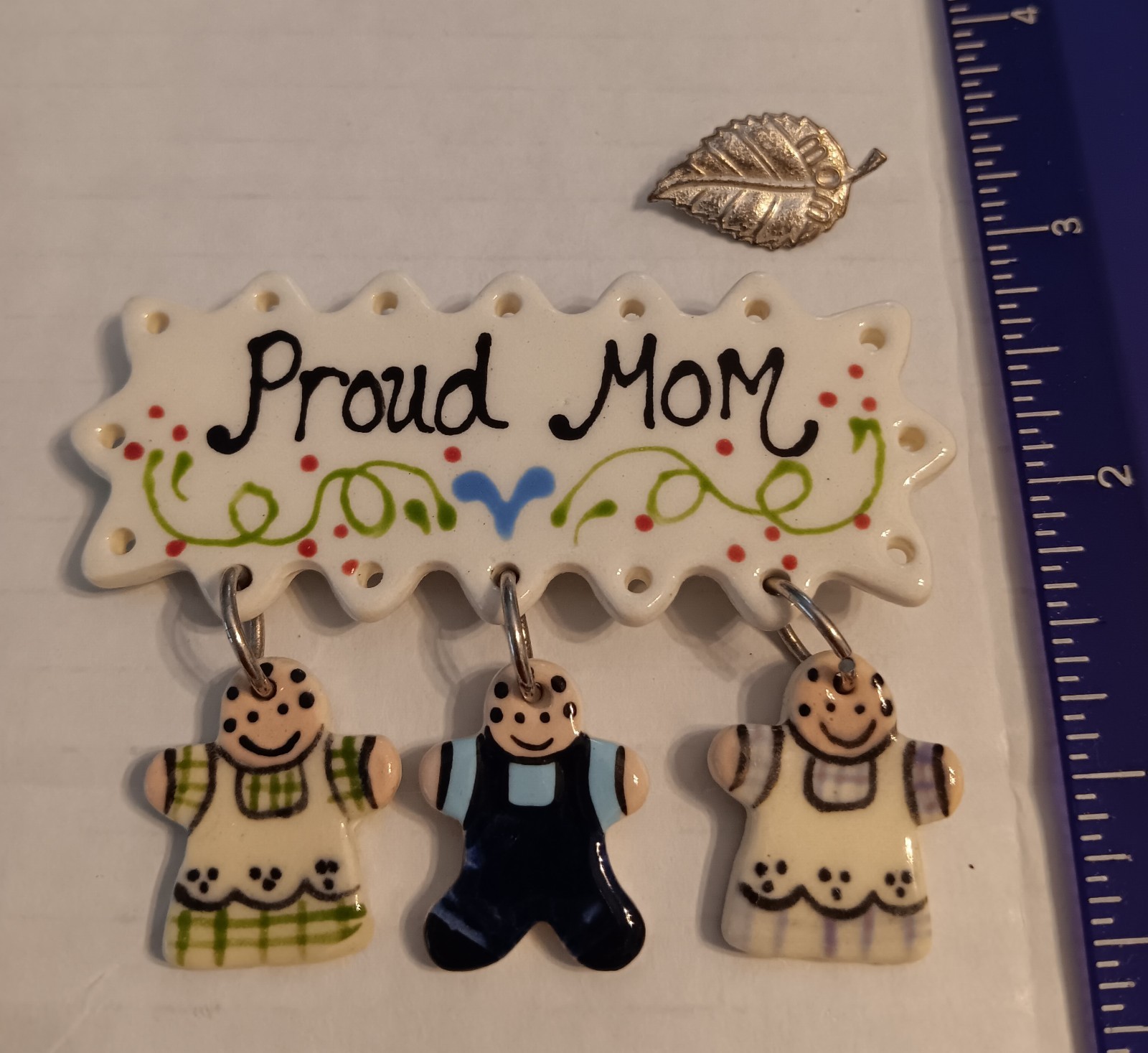 Cute ceramic ” Proud Mom ” Brooch And Small Silver Tone Leaf “Mom” Pin