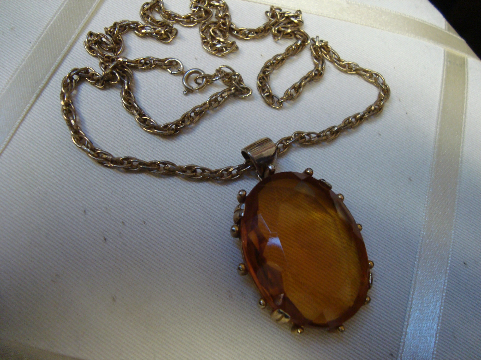 ANTIQUE CUSHION CUT CZECH GLASS PENDANT & CHAIN – FACETED TRANSPARENT TOPAZ