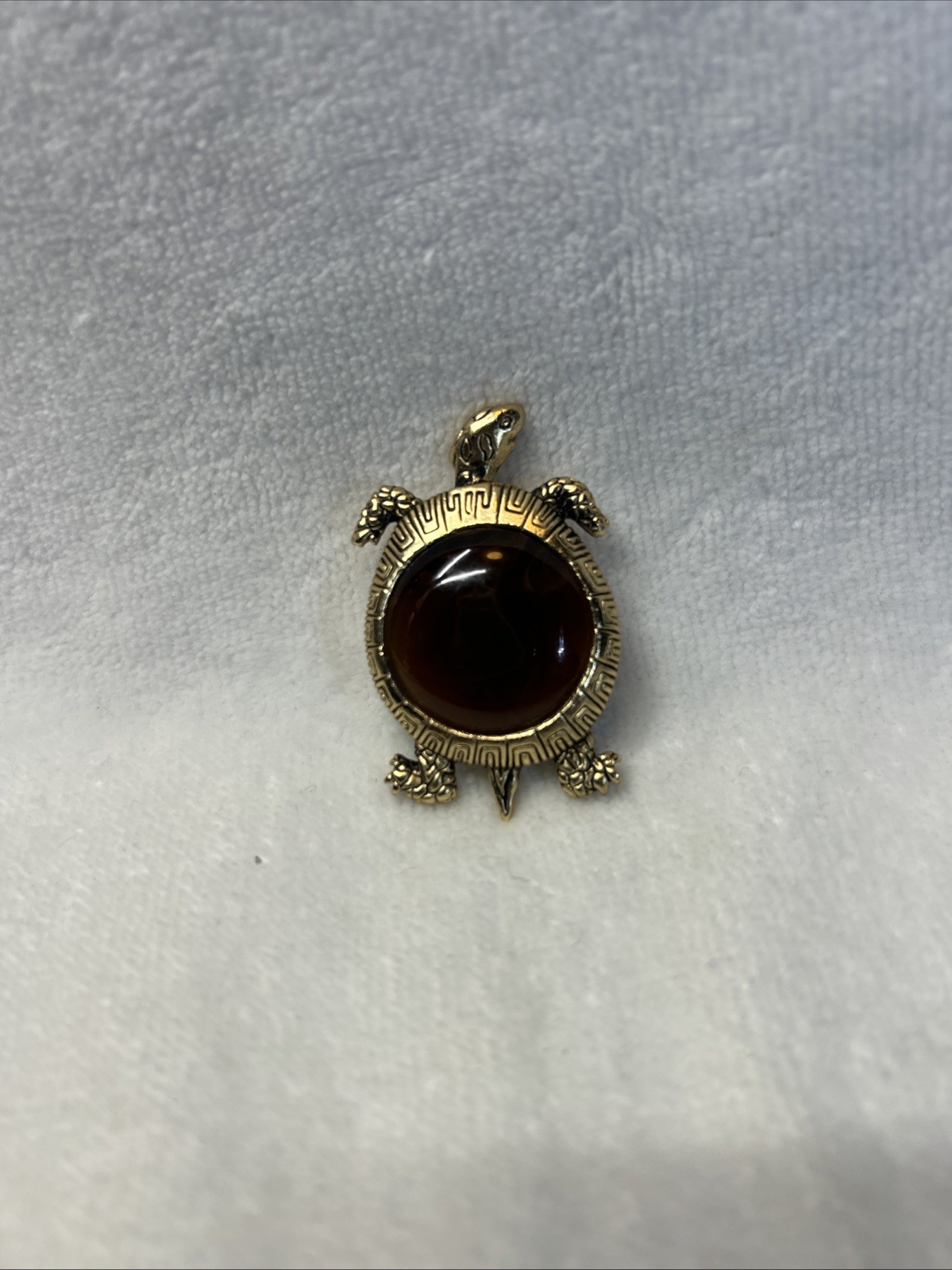 Vintage Gold Tone TURTLE Brooch w Tortoise Shell Glass Body