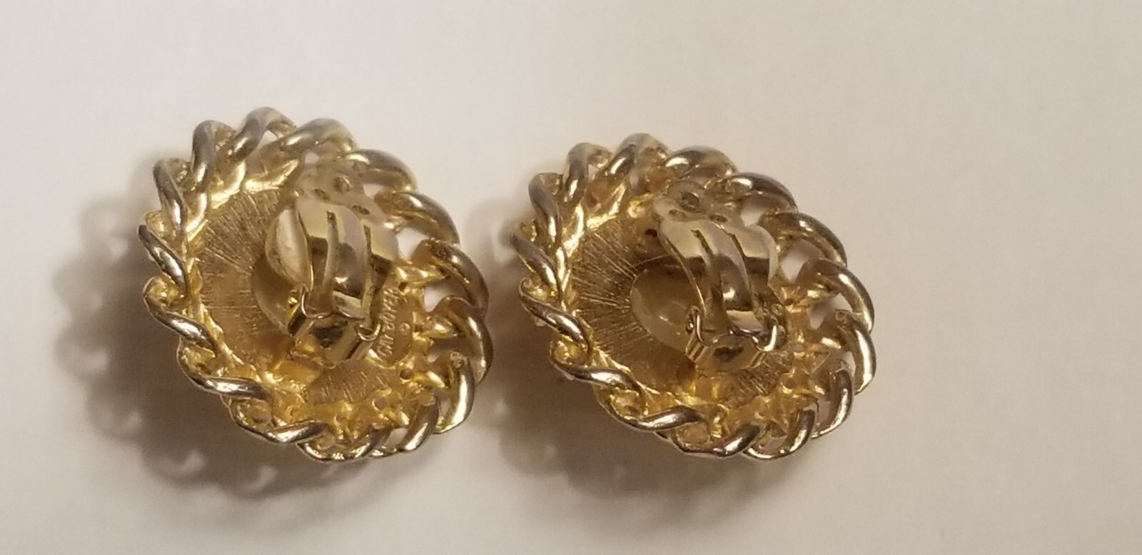 Vintage pair GAY BOYER PEARL GOLD TONE LARGE CLIP ON EARRINGS signed