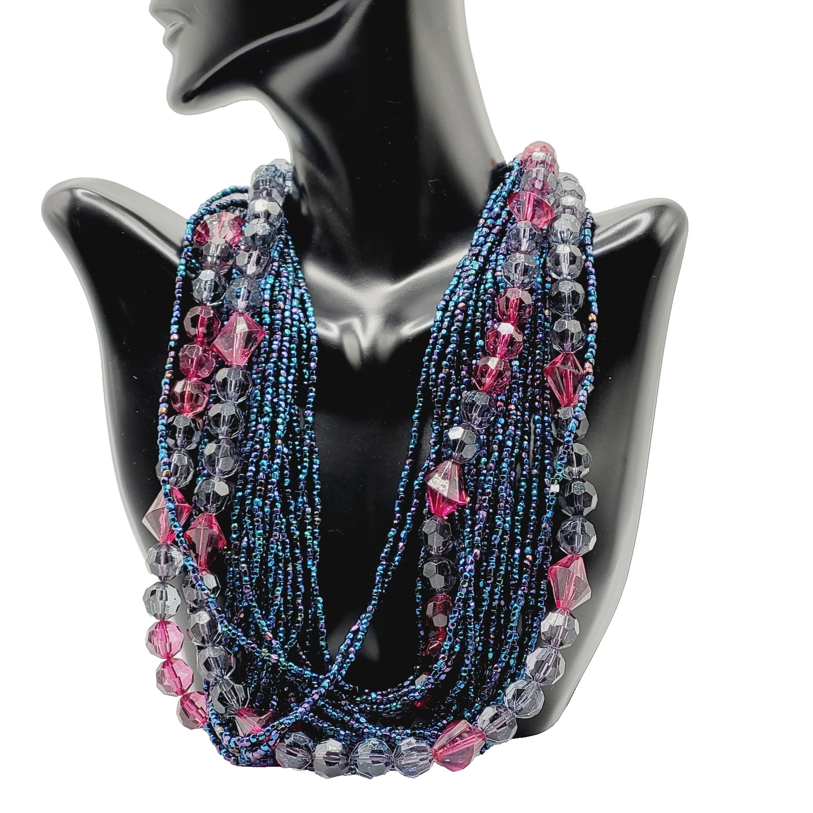 Purple and Deep Blue Iridescent Twist Multi Strand Glass Beaded Vintage Necklace
