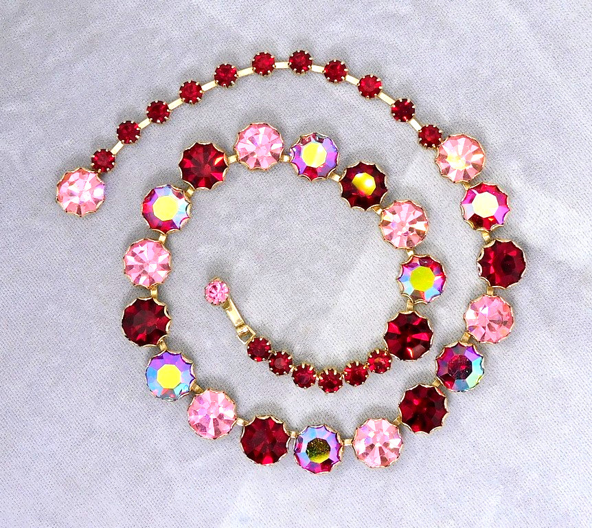 Vintage WEISS Pink Red AB Loop Prong Set Rhinestone Necklace Adjustable to 17″