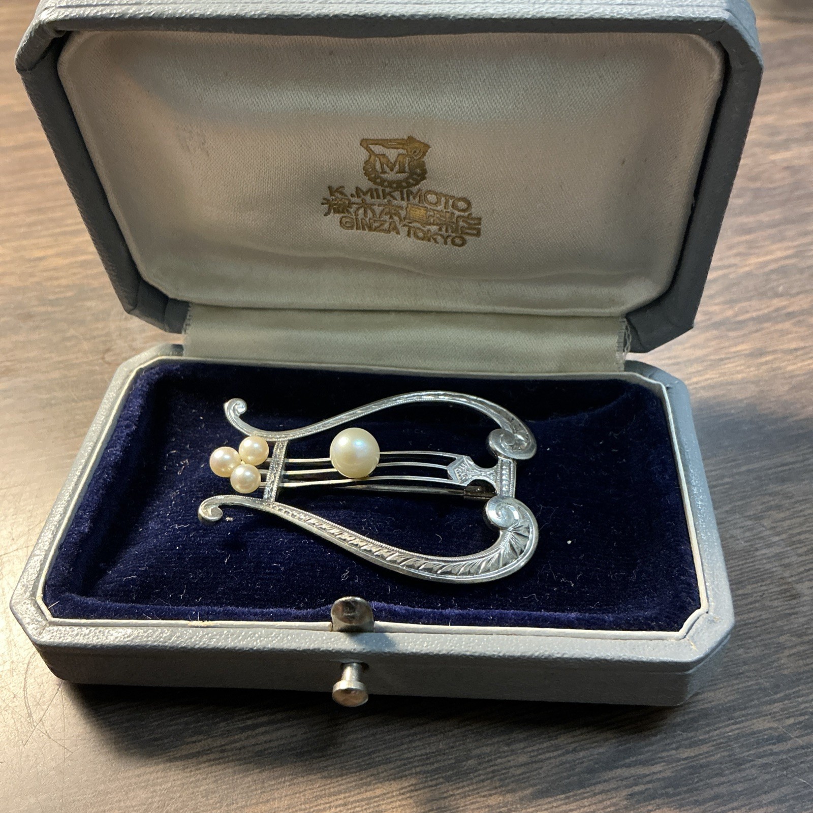 Vintage Mikimoto Sterling Silver Pearl Art Deco Harp Lyre Brooch