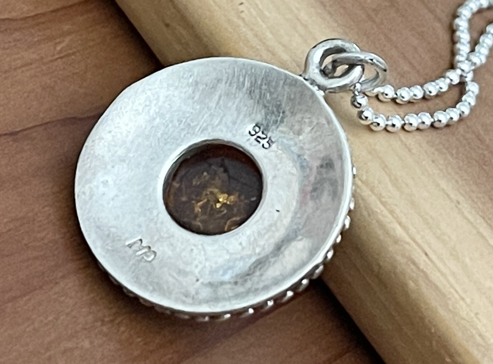Vintage 925 Sterling Bali Beads, Honey Amber Round Pendant Necklace 16”-17.5” in