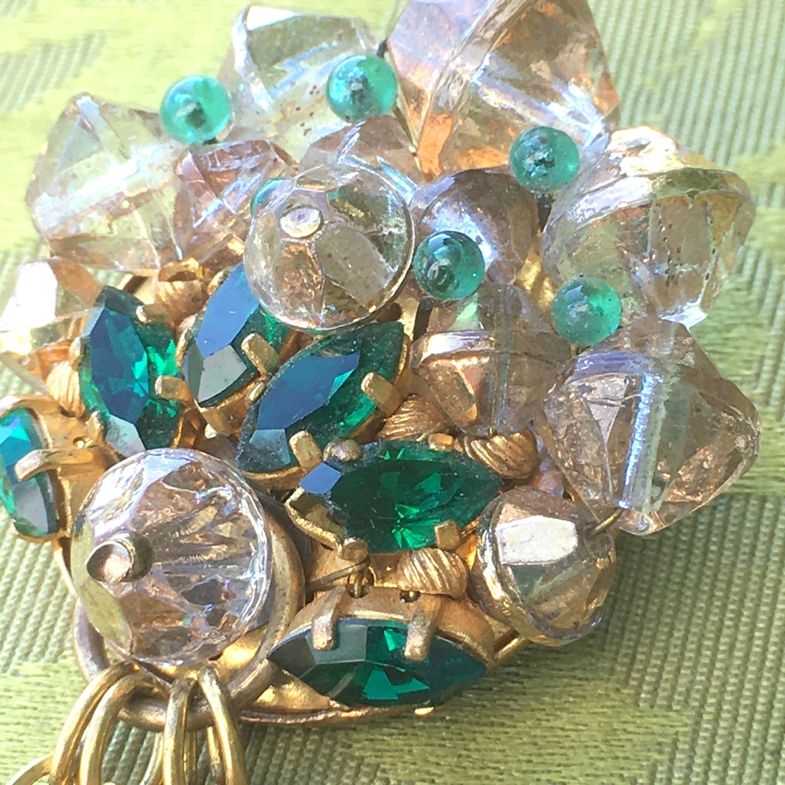 FRENCH STUNNING 1920s BROOCH & DANGLING CHARMS~FOIL BACK CZECH GLASS RHINESTONES