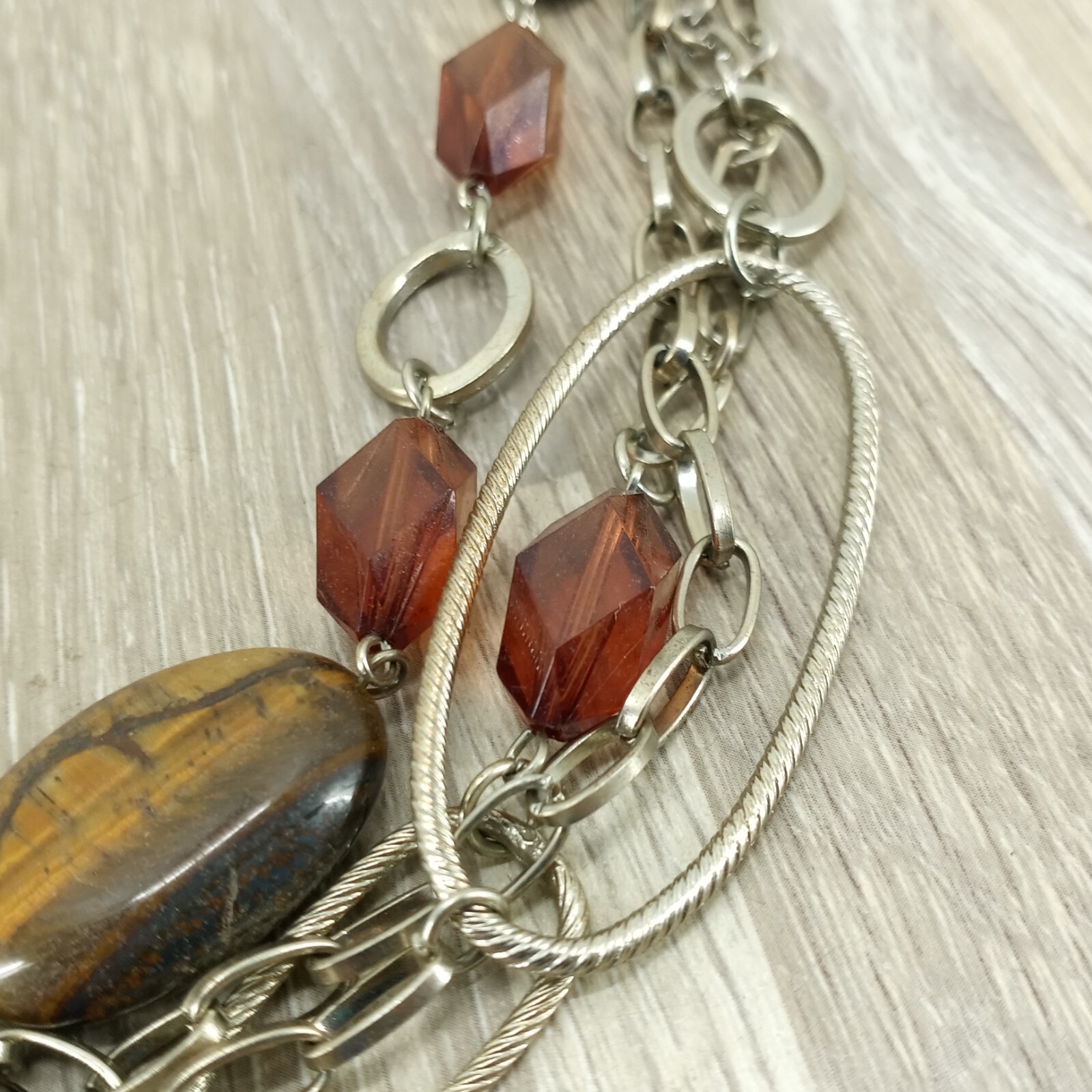 Vtg Necklace Tiger Eye Stones with Acrylic Beads Multi Strand Fashion Jewelry