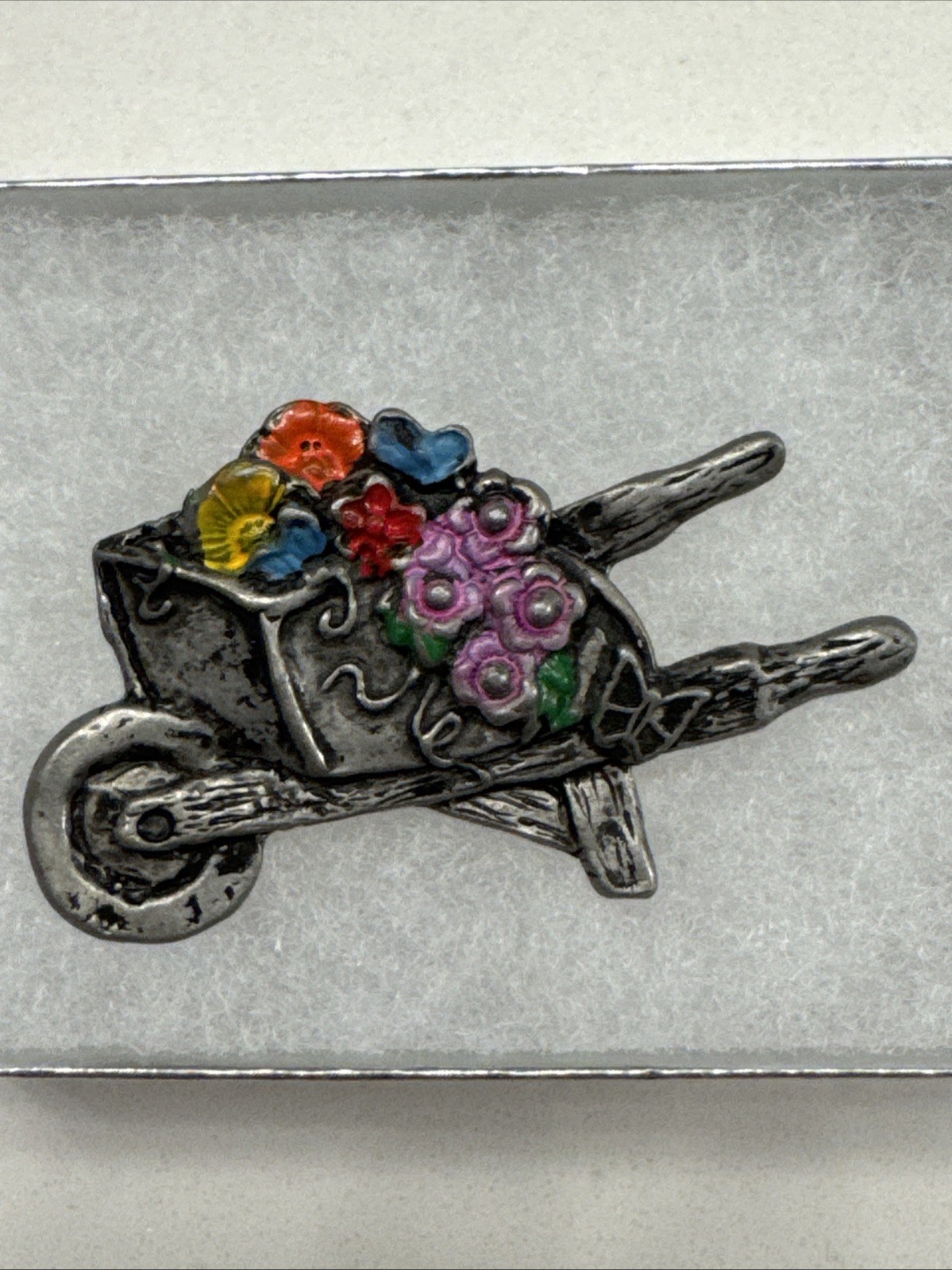 Vintage La Rage Enamel Pewter Color Wheelbarrow Gardening Flowers Brooch Pin