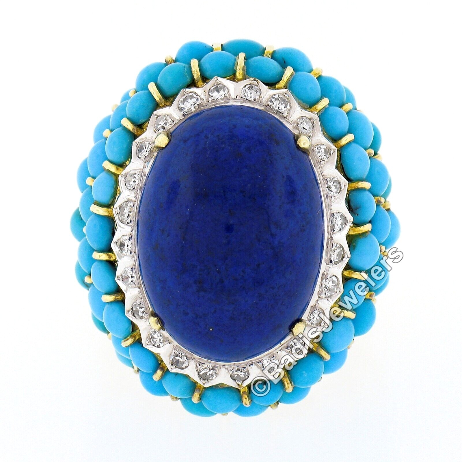 Vintage 14k Gold Cabochon Lapis Turquoise Bead & Diamond Textured Cocktail Ring