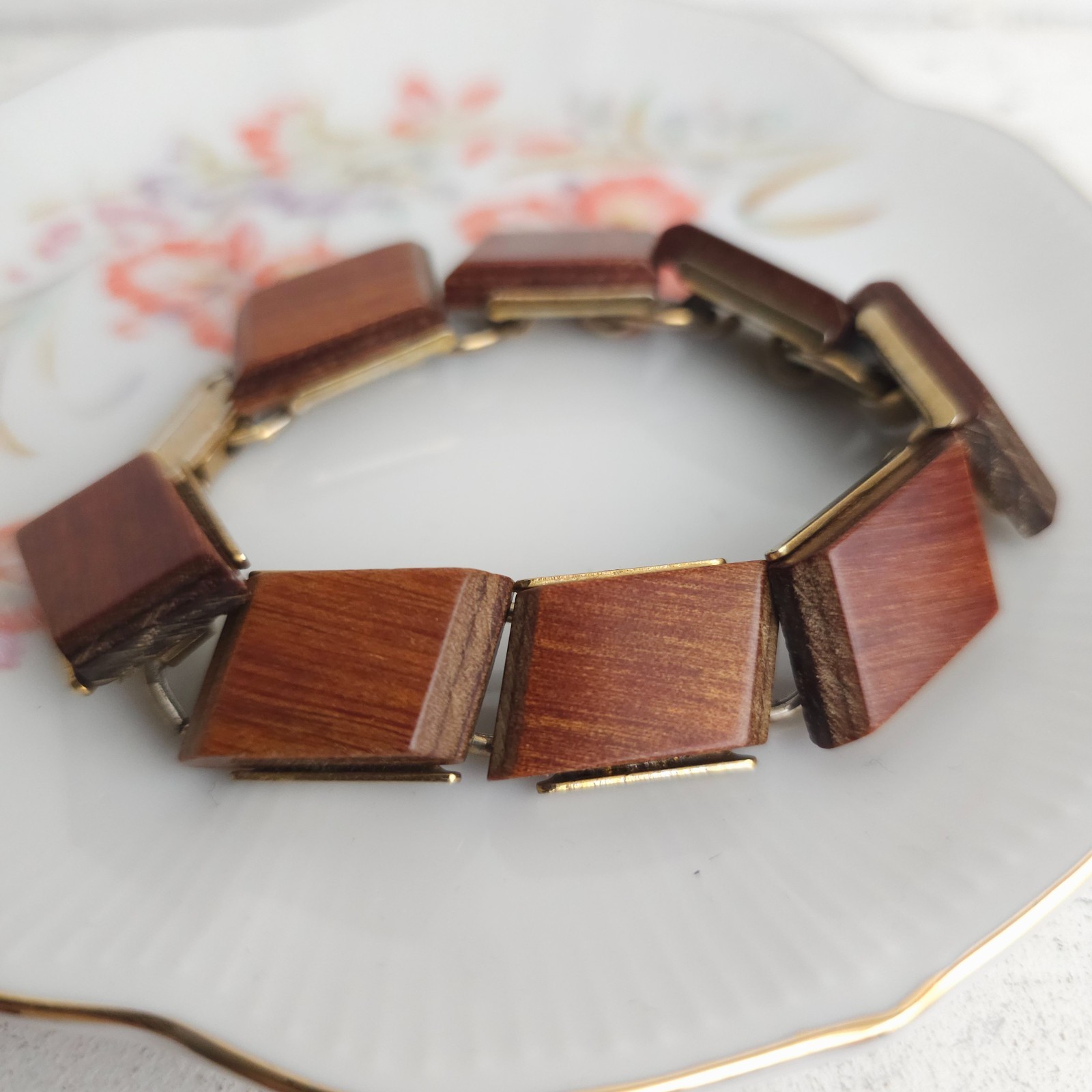 Vtg Modernist MCM Wood Tile Link Bracelet Boho 1960s 70s Earthy Natural Minimal