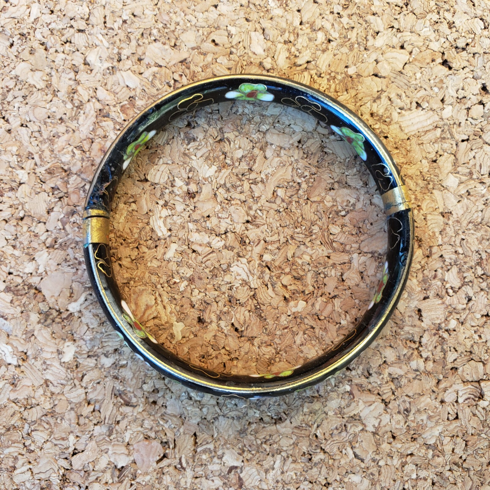 VINTAGE 1970s BRACELET Cloisonne Black Floral Boho Hinged 2 1/4 Inch Across