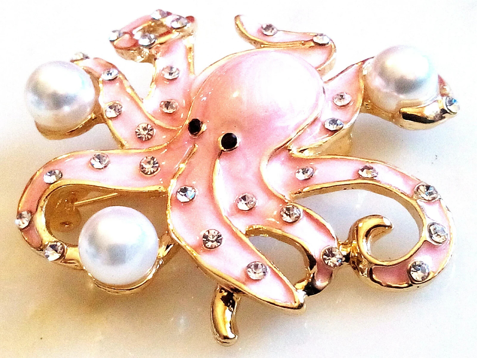 ENAMELED OCTOPUS BROOCH/PENDANT! Pink Enameled, Clear Crystals, Imitation Pearls