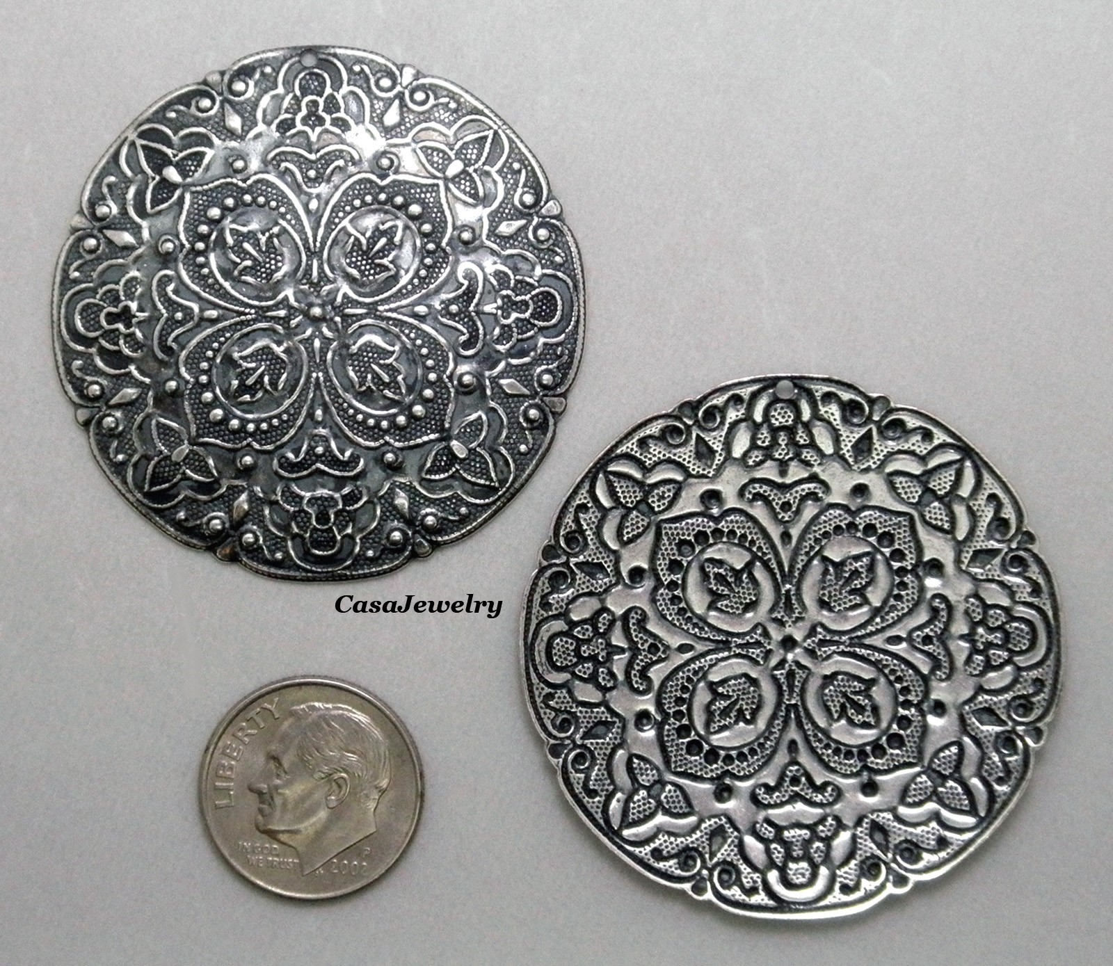 #3020 LARGE ANTIQUED STERLING SILVER PLATED FILIGREE W/TOP HANG HOLE – 2 Pc Lot