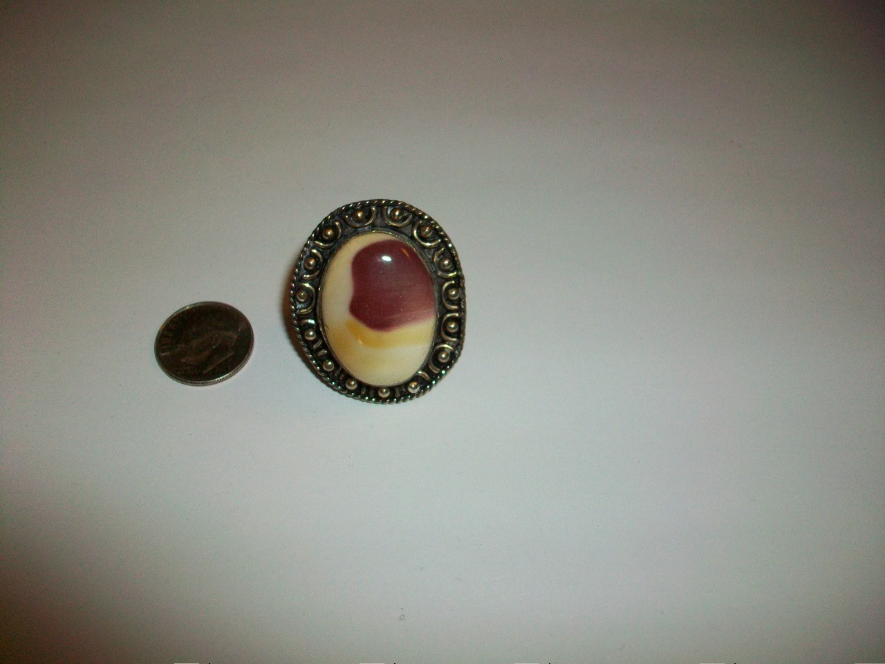 Vintage 925 Sterling Silver Mookaite Jasper Ring W/Beaded Scrollwork- Size 8 1/4