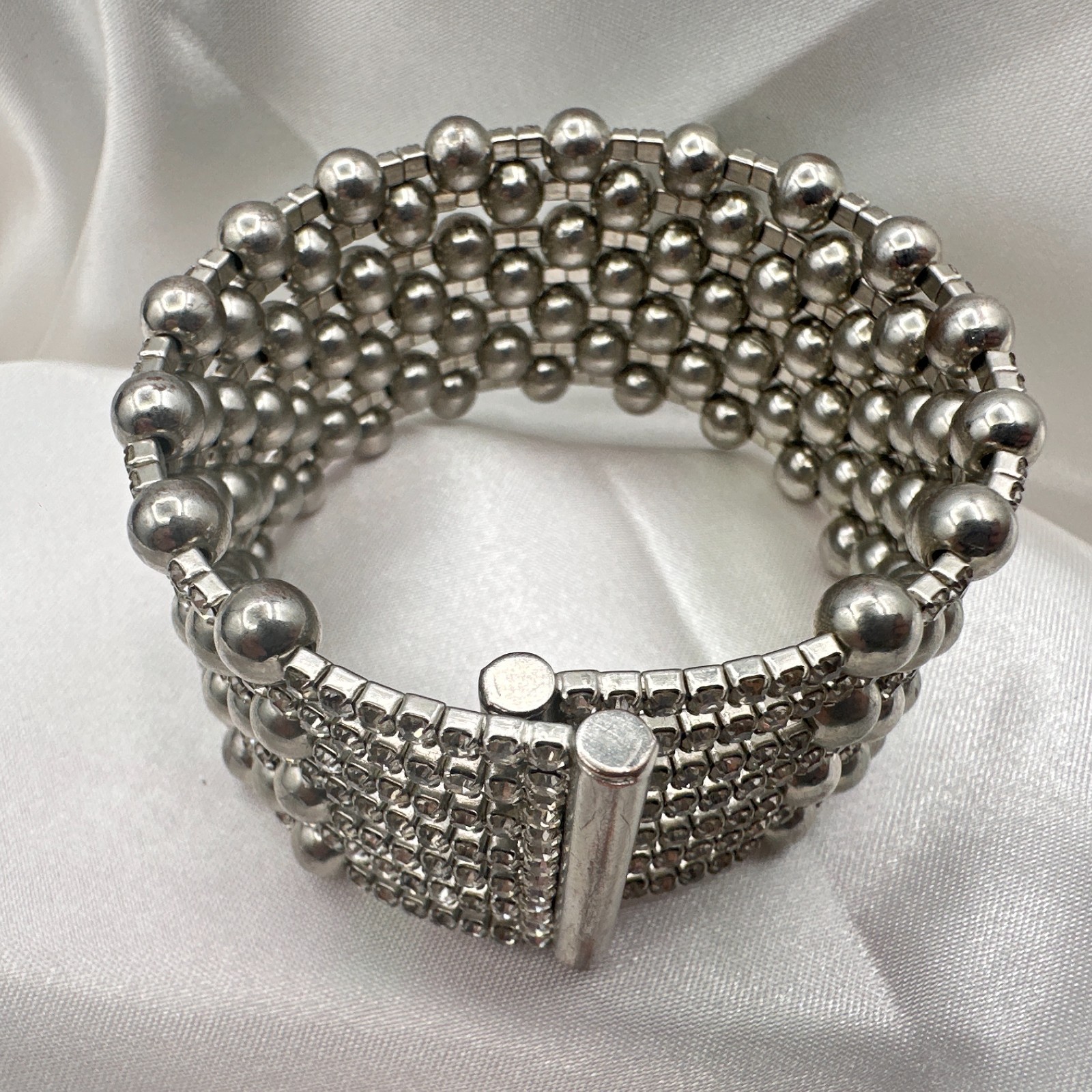 Vintage 90s Silver Tone Multi Row Bead Clear Glass Wide Cuff Statement Bracelet