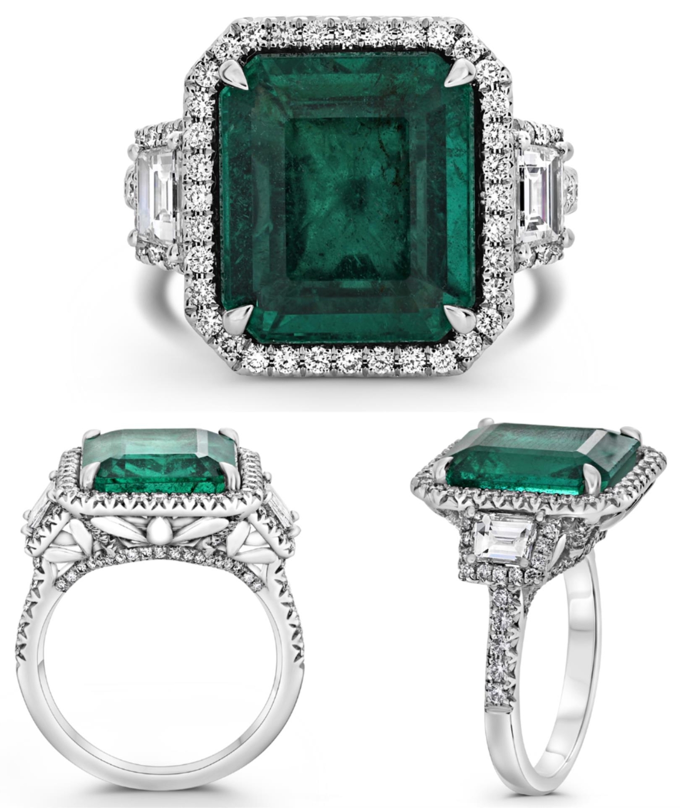 LARGE 7.98CT DIAMOND & AAA EMERALD PLATINUM 3 STONE EMERALD CUT ENGAGEMENT RING