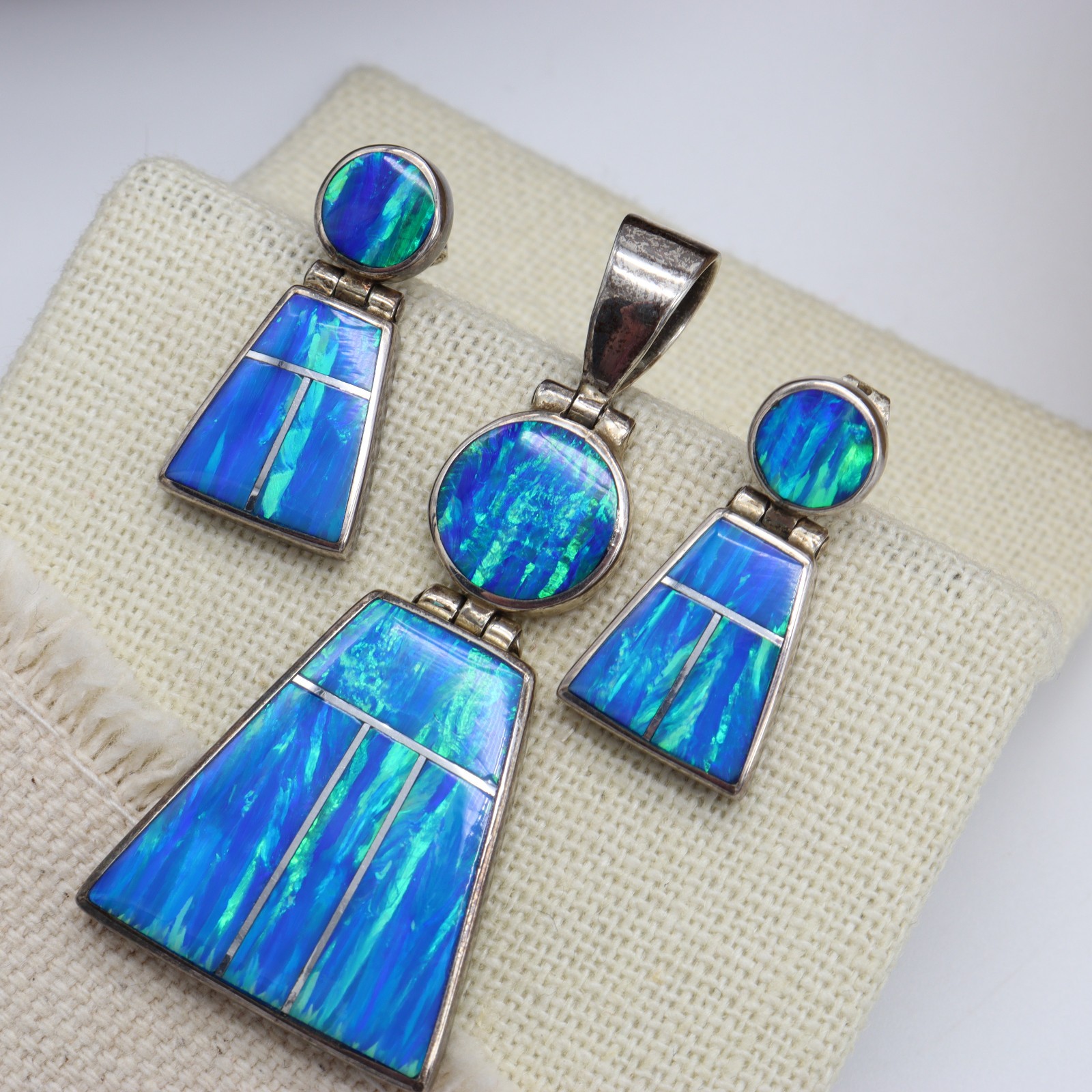 Vtg Sterling Silver 950 Mexico Blue Green Fire Opal Pendant Earrings Set Inlay