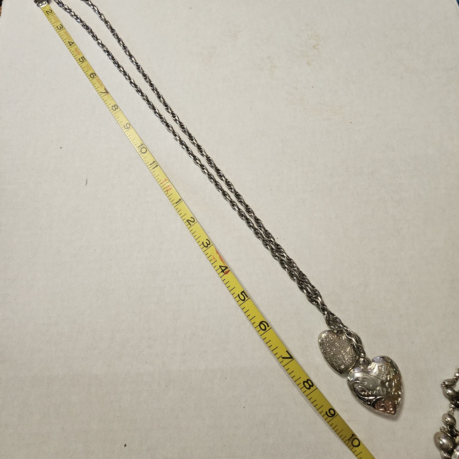 VTG Silver Tone Double Puff Heart Necklace Romantic Dangle Chain