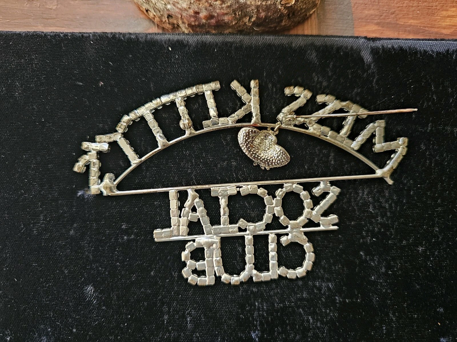Vtg Brooch Red Hat Society Clear Rhinestones Silver Tone Spellout Bling W Charm