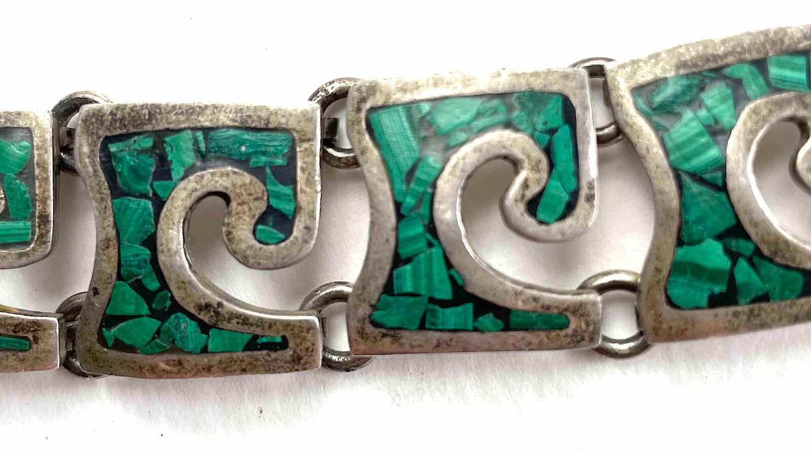 VTG Mexico Bracelet Sterling Malachite Chip Large Wrists 8″ 64g Modernist 1940s