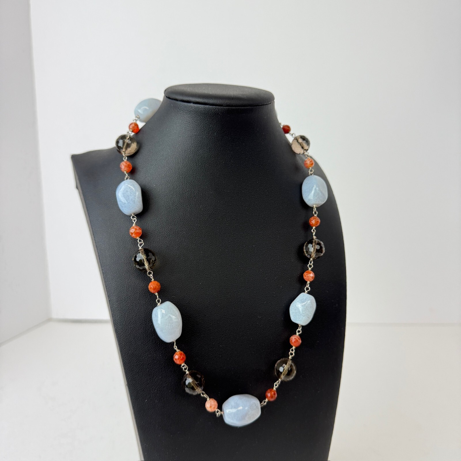 Polished Agate Blue Gemstone Smoky Quartz Faceted 19″ Chain Necklace 925 Clasp
