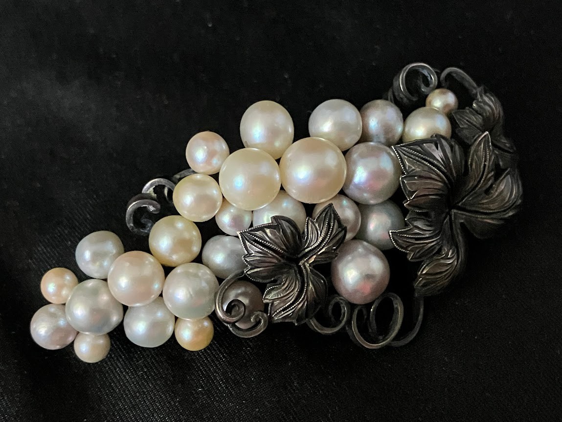 Vintage Sterling Silver Pearl Brooch 27 Multicolor Grape Vine Cluster 20g Tested