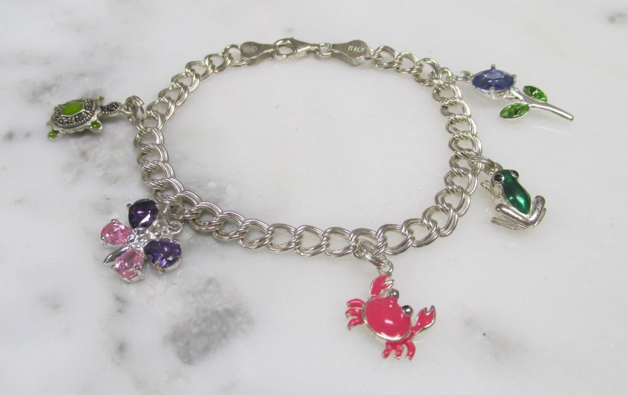 Sterling Silver Double Curb Link Bracelet w/ 5 Charms ~ 7-1/4″ ~ 15.6g ~ 3-D395