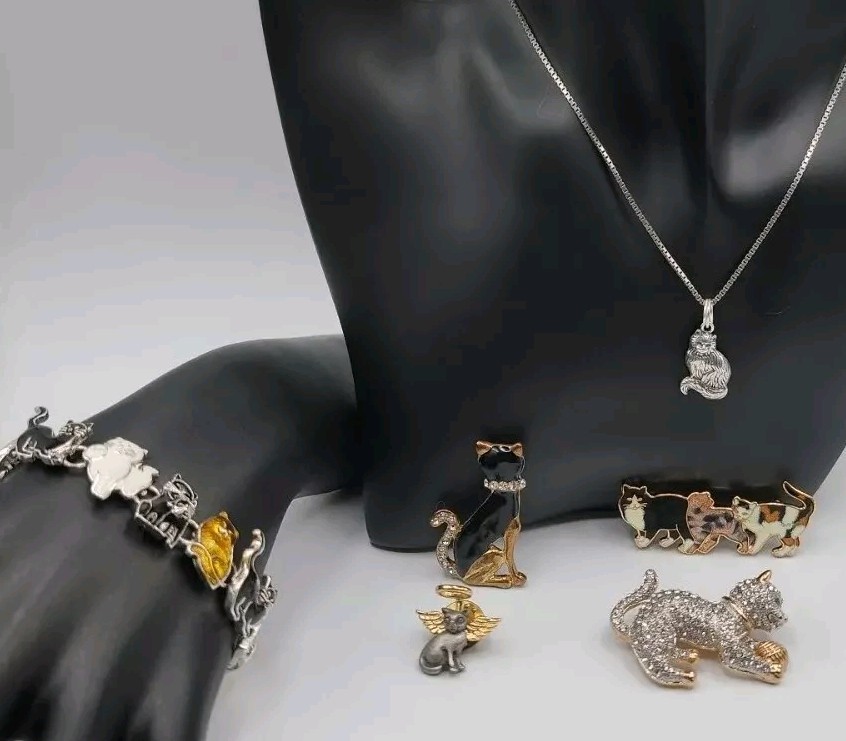 Cat Jewerly Lot 4 Kitty Pins Brooches Bracelet Sterling Silver Necklace