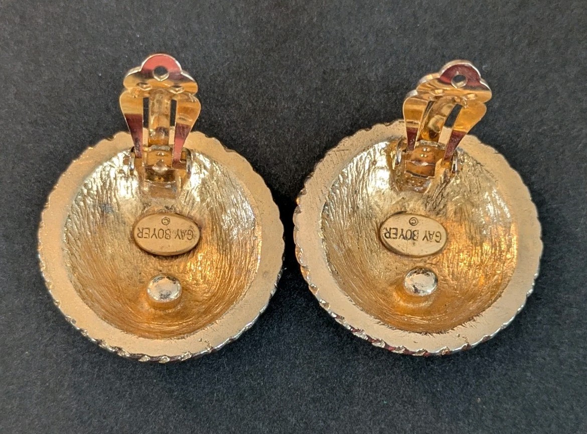 Gay Boyer Earrings Clip On Round with Cream Color Gold Tone Classic Vintage