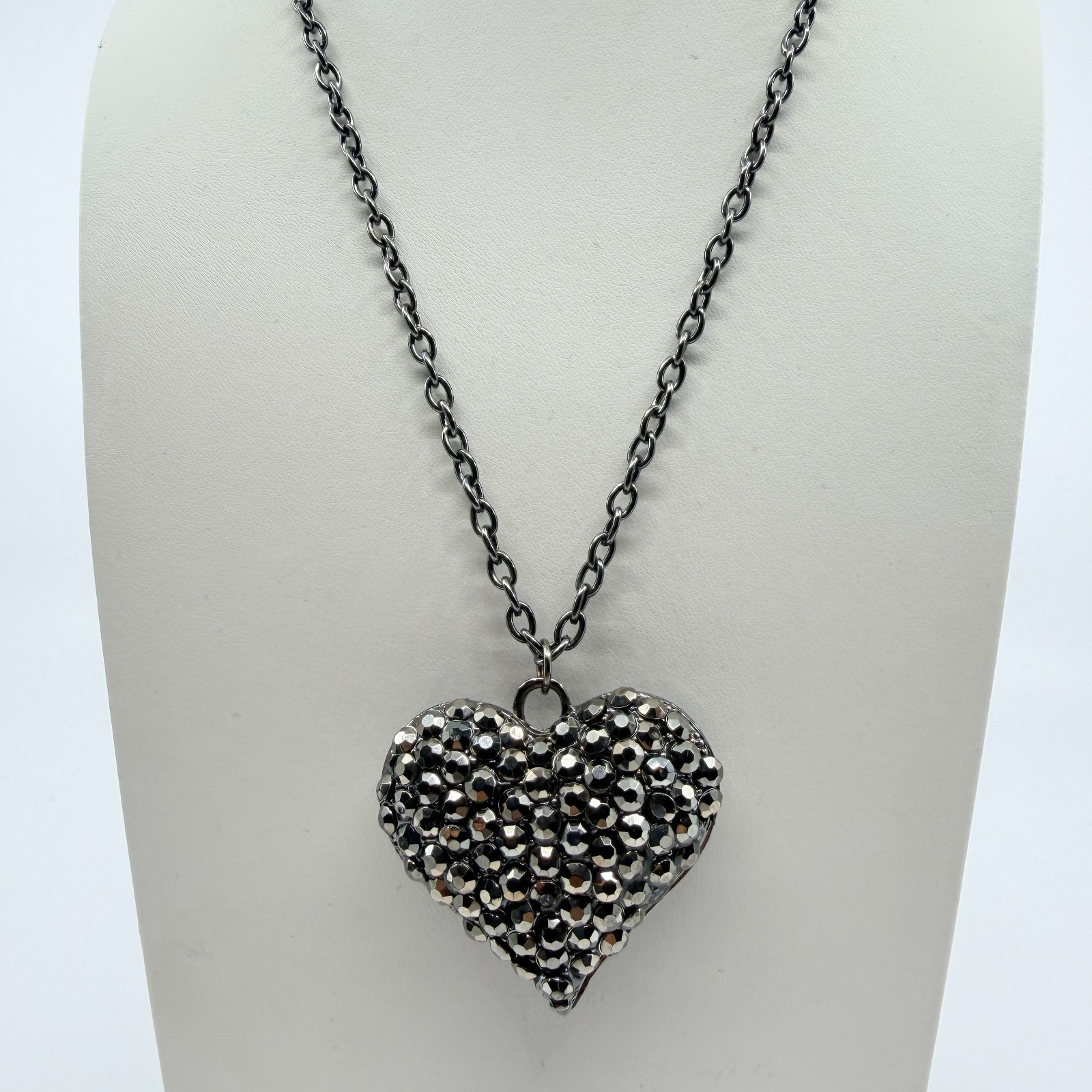 Vintage Y2K Gunmetal Pave Rhinestone Puffy Heart Pendant Necklace Grunge Goth