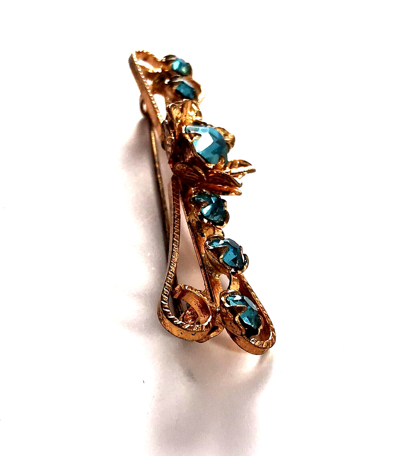 Vintage Brooch Czech Flower Blue Light Glass Rhinestones Gilded Brass Hand Work