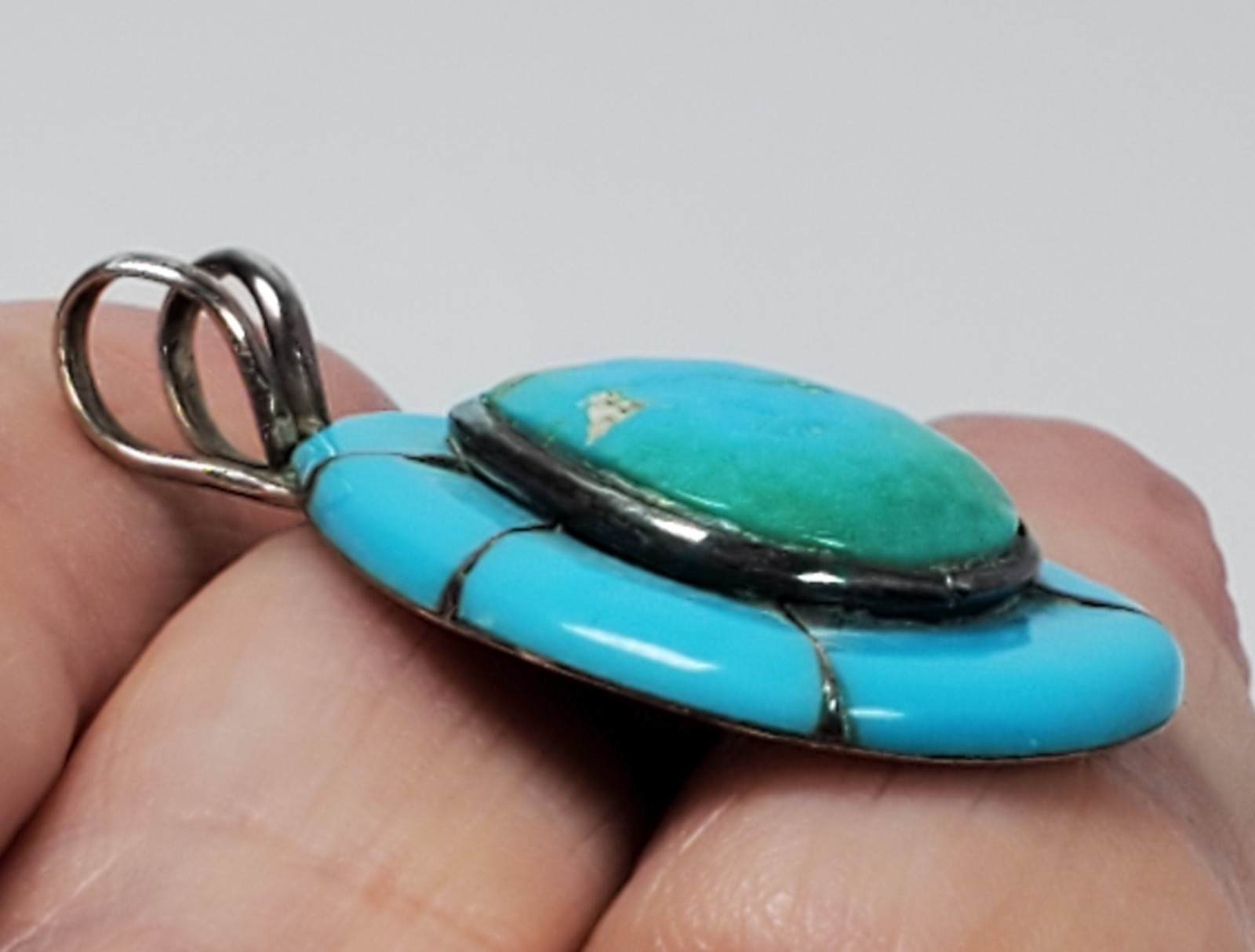 VTG 925 STERLING SILVER Turquoise Teardrop Inlay Pendant 6.47 gm CHIPS