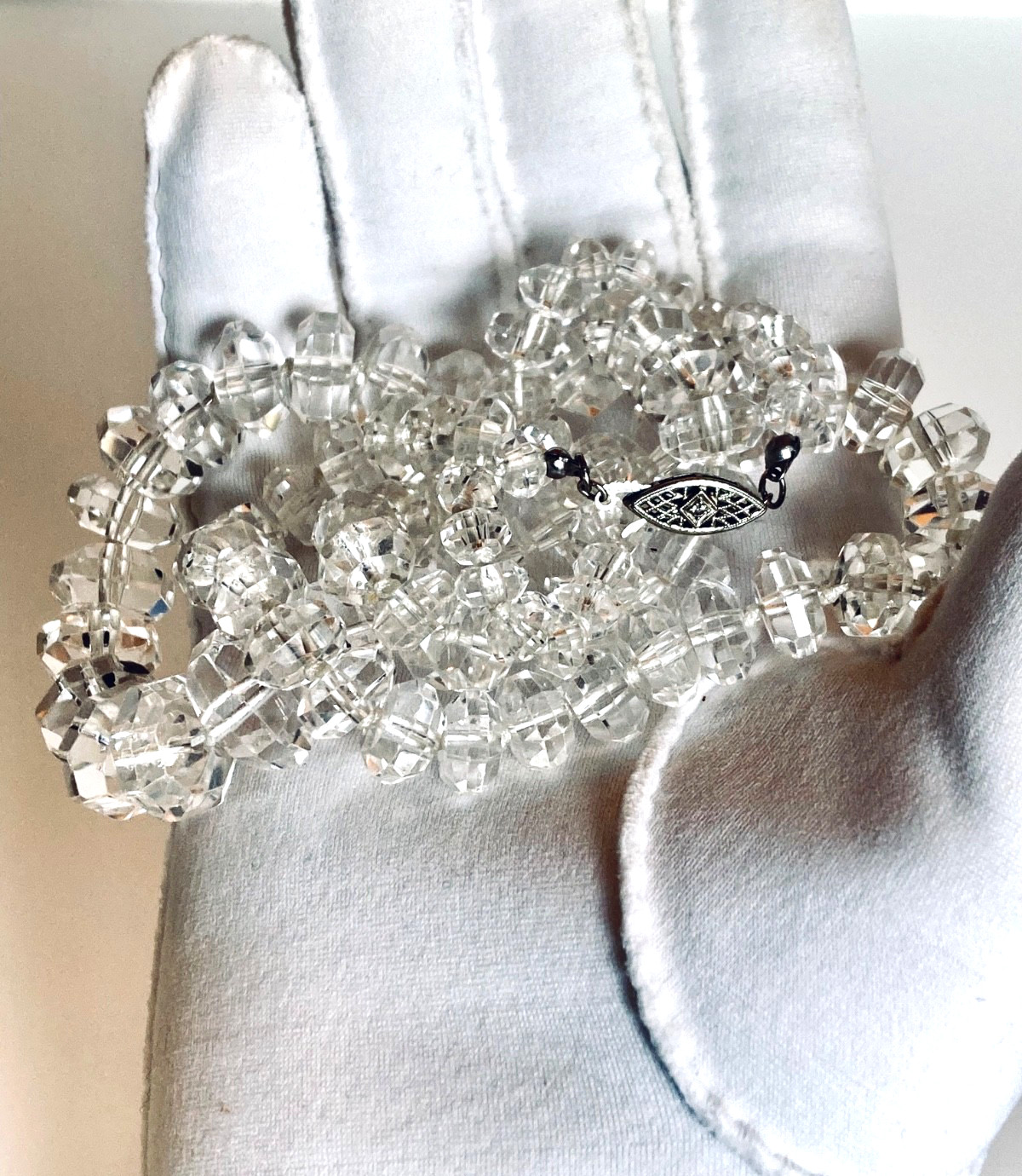 Art Deco Rock Crystal Graduated Hand Knotted 14k Diamond Clasp