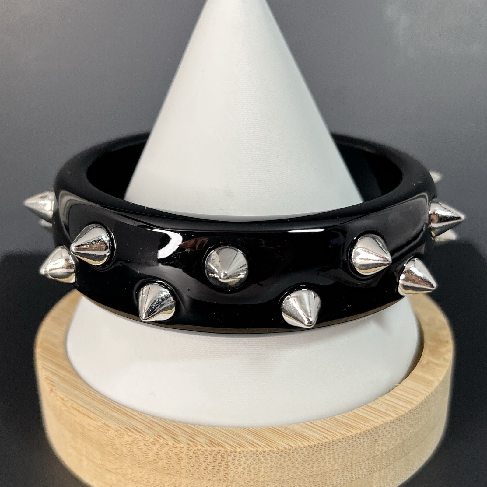 Black Lucite Bangle Bracelet Silver Spikes Punk Rock Biker Studs Retro 7.75”