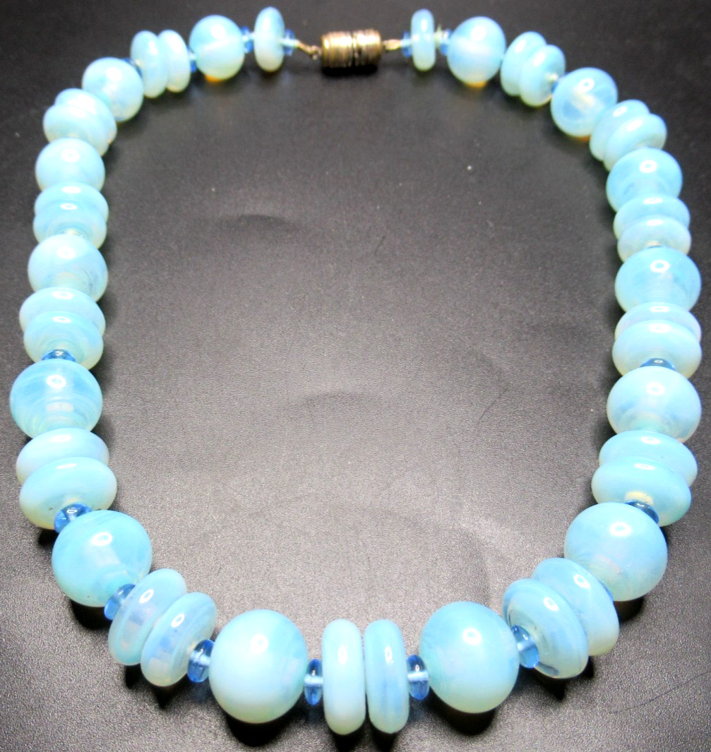Amazing Blue Moonglow Glass Beaded FRENCH Vintage Necklace