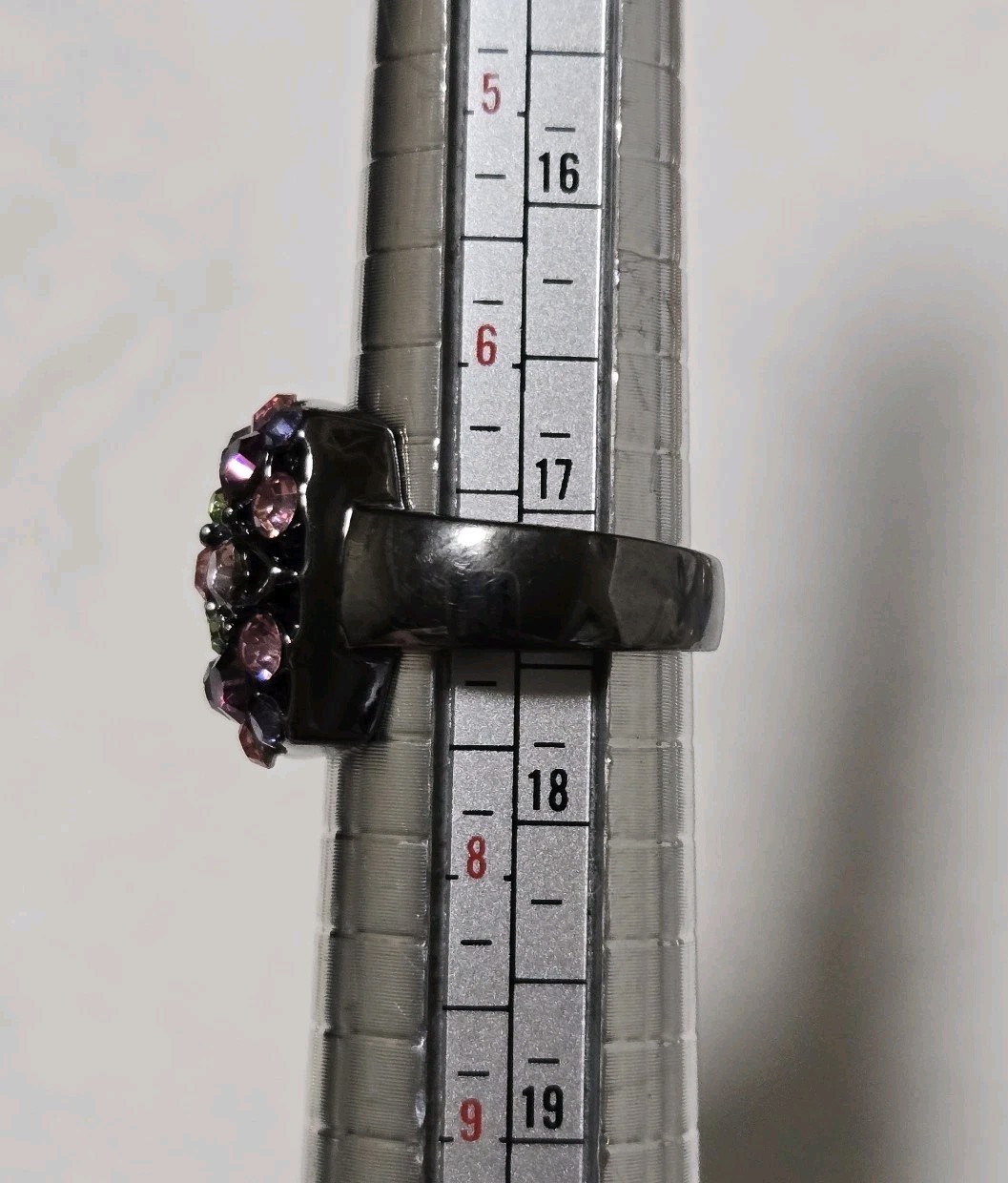 Gunmetal Pink Purple Colorful Rhinestones Ring Size 6.75″